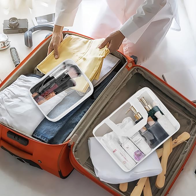 5Pcs Crystal Clear PVC Travel Toiletry Bag Kit for Women Men, Waterproof Vinyl Packing Organizer Storage Bags with Zipper Handle Straps, Cosmetic Pouch Carry on Airport Airline Compliant Bag Handbag