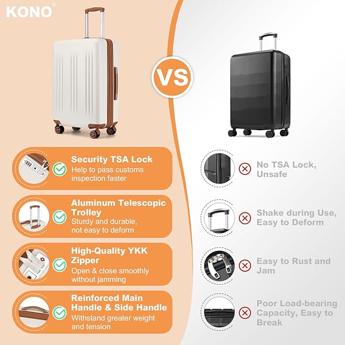 Kono Lightweight 24 Inch Expandable Luggage with Quiet Spinner Wheels TSA Lock, Scratch and Drop Resistant PC+ABS Hardside Durable Medium Checked Suitcase, Cream White & Brown