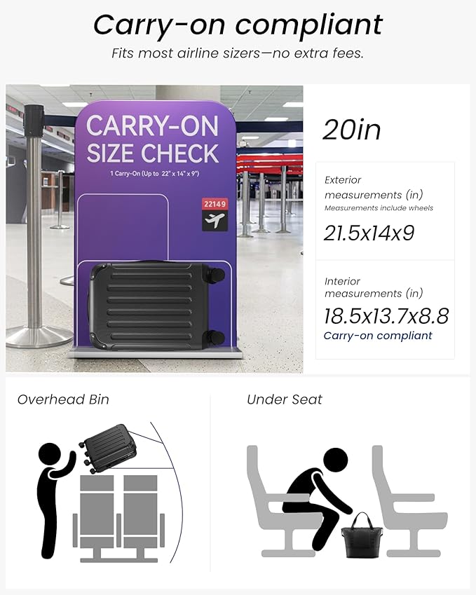 Carry On Luggage 22x14x9 Airline Approved, Hardside Suitcase with Wheels, TSA Approved, Tote Bag, White Brown