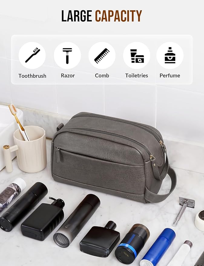PU Leather Toiletry Bag for Men - Water Resistant Travel Bag for Toiletries, Bathroom Essentials, Accessories - Grey