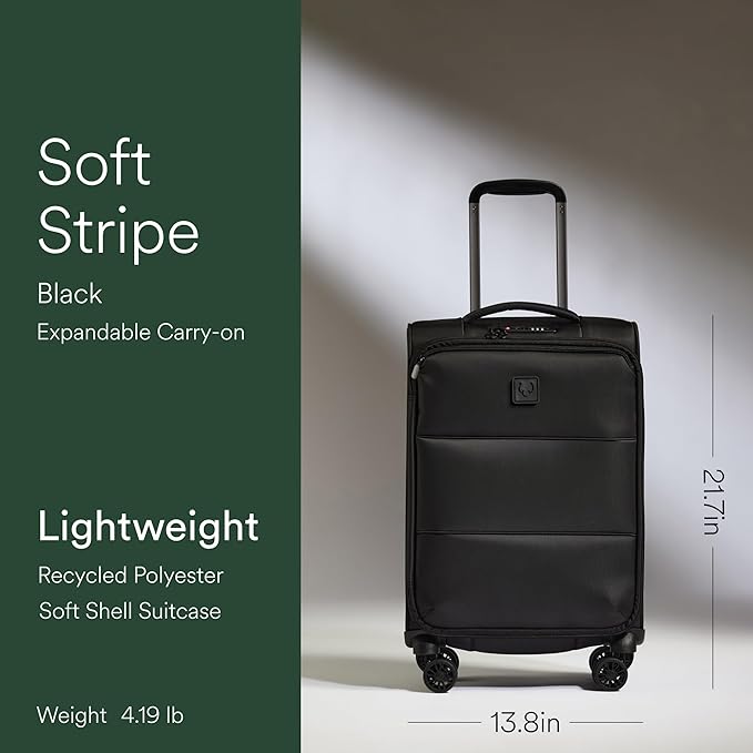 ANTLER - Soft Stripe Carry On Luggage 22x14x9 Airline Approved - Cabin Suitcase with Expander, Adjustable Handle, 4 Spinner Wheels, Lightweight, TSA Lock - Recycled Polyester Luggage - Black