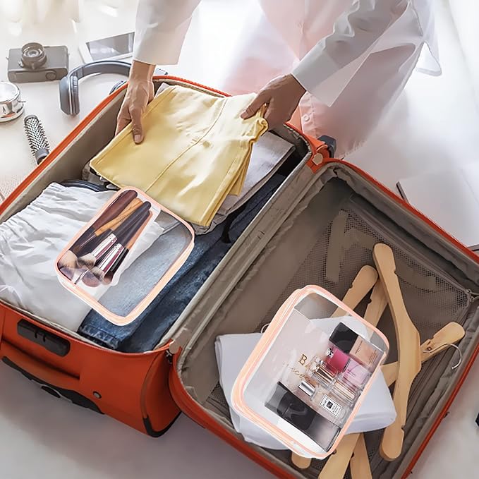 4Pcs Crystal Clear PVC Travel Toiletry Bag Kit for Women Men, Waterproof Vinyl Packing Organizer Storage Bags with Zipper Handle Straps, Cosmetic Pouch Carry on Airport Airline Compliant Bag Handbag