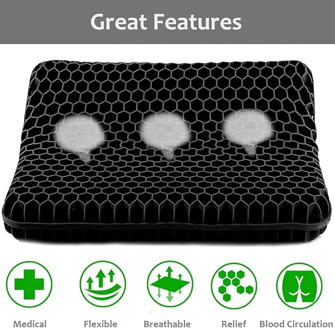 Gel Seat Cushion, Jumbo&Thick Gel Cushion Chair Pads with Non-Slip Cover for Home Office Car Seat Wheelchair, Soft Breathable Honeycomb Seat Pads for Relieve Hip Pain,Black 20x20x1.9inch