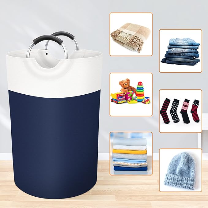 BlissTotes 75L Laundry Basket, Freestanding Laundry Hamper, Collapsible Dirty Clothes Hamper, Waterproof Fabric with Foam Protected Aluminum Handles for College, Dorm, Family (Blue)