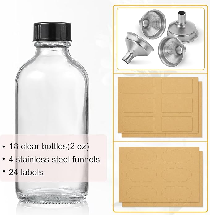 18 Pack, 2 oz Small Clear Glass Bottles w/ Lid & 4 Stainless Steel Funnels - 60ml Boston Sample Bottles - Mini Travel Essential or Decorative Bottles for Potion, Juice, Wellness, Ginger Shots, Whiskey