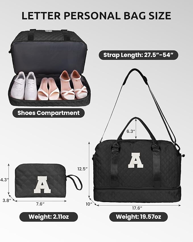 Navy Duffel Bag - Personalized Initial, Weekender, Overnight, Travel Bag with Shoe Compartment & Makeup Bag, Size 12x7x2 inches