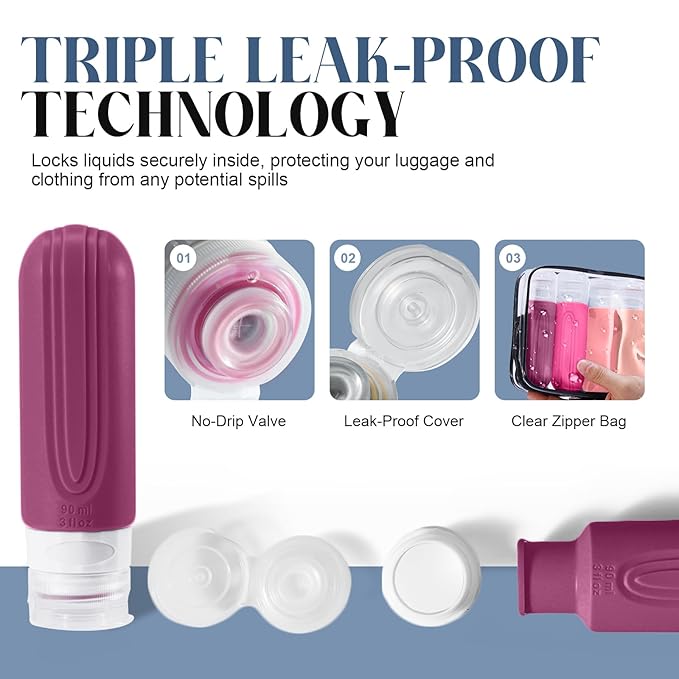 Travel Bottles for Toiletries, 3oz TSA Approved Travel Size Toiletries, Silicone Leak-Proof Refillable Containers, Squeezable Liquid Essentials Bottles W/Clear Bag (RED)