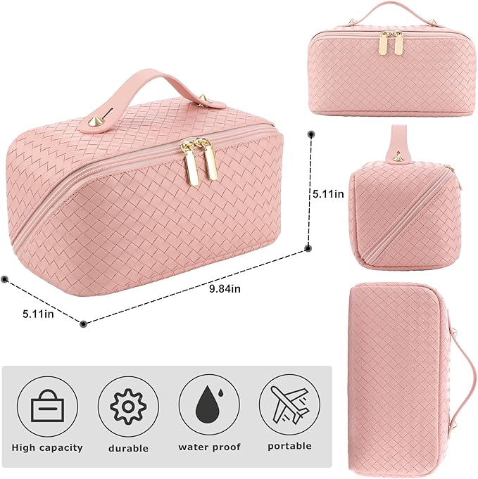 Large Capacity Travel Cosmetic Bag - Portable Makeup Bags for Women Waterproof PU Leather Checkered Makeup Organizer Bag with Dividers and Handle,Toiletry Bag for Cosmetics