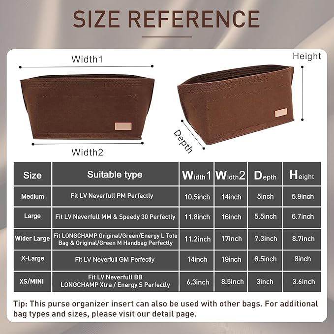 Doxo Purse Organizer Insert for Handbags Tote Felt Bag Organizers Compatible with Speedy 30 Neverfull MM (Large-Brown)