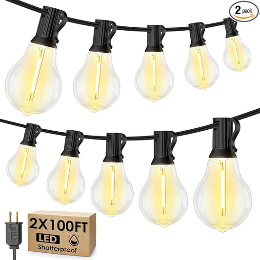 200FT(2x100FT) Outdoor String Lights, 63 A39 Edison Bulbs, Black | Plug in, Dimmer not included, Waterproof, Shatterproof, Extendable, LED Hanging Lamp for Backyard Garden Decor