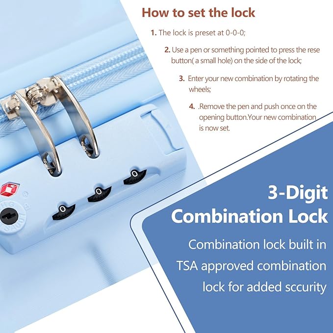 28 Inch Checked-Large Luggage, Lightweight ABS Hard Shell Suitcase with Spinner Wheels, Expandable Travel Luggage with Combination Lock & Side Hooks for Men Women (Sky Blue., 20)