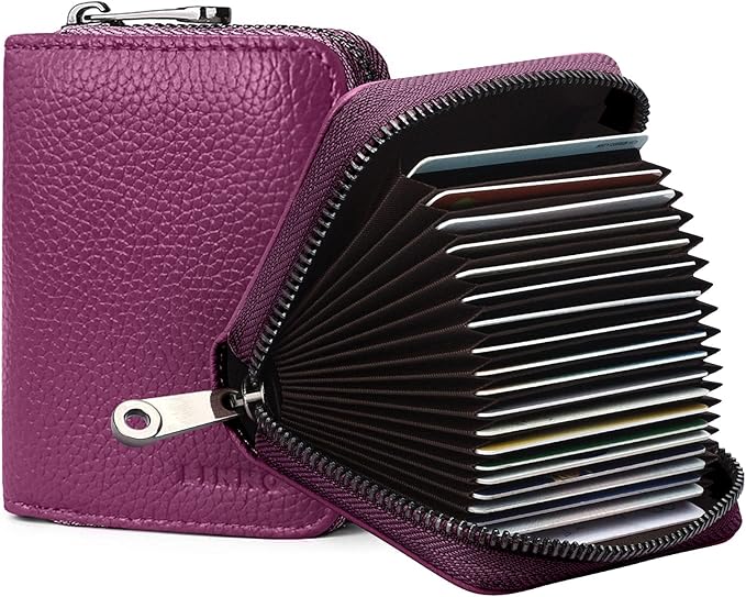 Linno RFID 20 Slots Credit Card Holder Genuine Leather Small Wallet for Women or Men with Zipper
