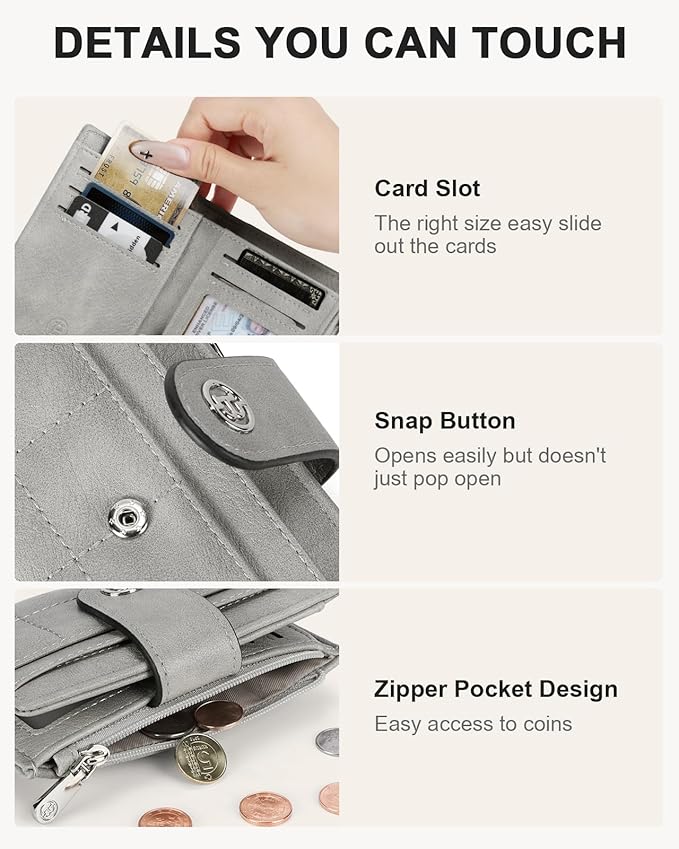 BOSTANTEN Small Wallet for Women Leather RFID Blocking Card Holder Bifold Compact Wallets With Zipper Coin Pocket Grey