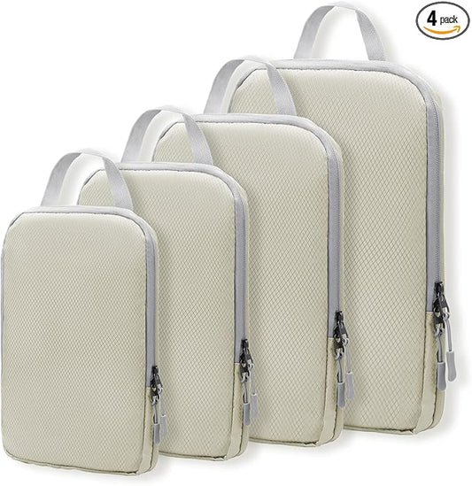 WOOMADA Compression Packing Cubes for Suitcases Travel Essentials 4 Set Expandable Travel Bags Organizer for Luggage(ivory)