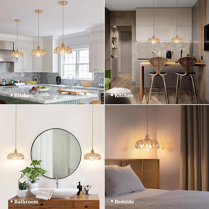 Shenmoyl Pendant Light with Amber Scindapsus Glass Lmapshade, Brass Vintage Pendant Light Adjustable Hanging Light for Kitchen Island Dining Room Hallway