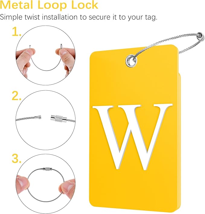 Gostwo 2 Pack Luggage Tags for Suitcases, 26 Initial Letter Travel Luggage Baggage Identification Labels ID Tag Fully Bendable Tags with Stainless Steel Loop (Yellow) (Letter W)