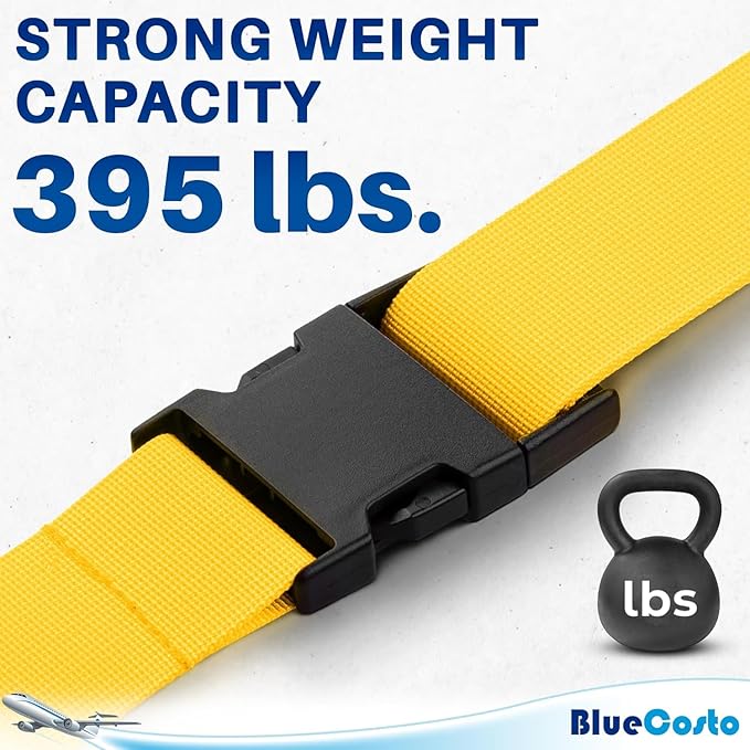Luggage Straps for Suitcases - TSA Approved - Yellow, 4 PK - Premium Nylon Belts for Suitcase, Briefcase & Travel Bag - Adjustable Strap Length 46" - 78"