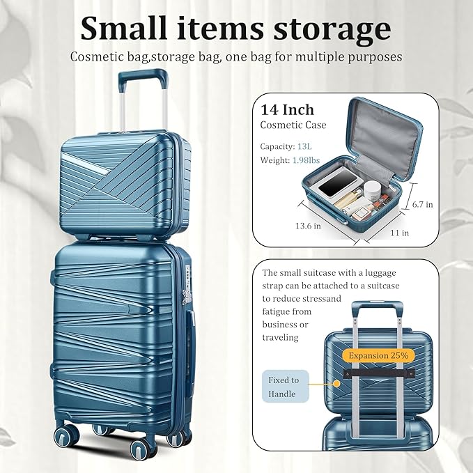 6 Piece Luggage Set Hardshell, Expandable Suitcase Set with Spinner Wheels (20/24/28), Includes 14" Cosmetic Case, Travel Duffel & Toiletry Bag, Lightweight TSA Lock Nested Set (Peacock Blue)