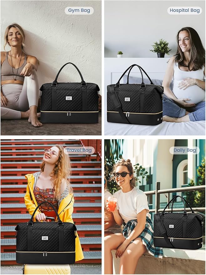 Travel Weekender Duffle Bags for Women: Overnight Bags with Shoe Compartment Large Carry on Weekend Bag with Toiletry & Wet Pocket Tote Duffel Bag Hospital Bag for Women Labor Delivery Black
