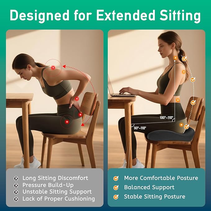 Ergonomic Seat Cushion for Office Chair – High-Density Memory Foam Support with U-Shaped Coccyx Cut-Out, Stable Comfort for Long Sitting, Enhanced Non-Slip Bottom & Washable Cover
