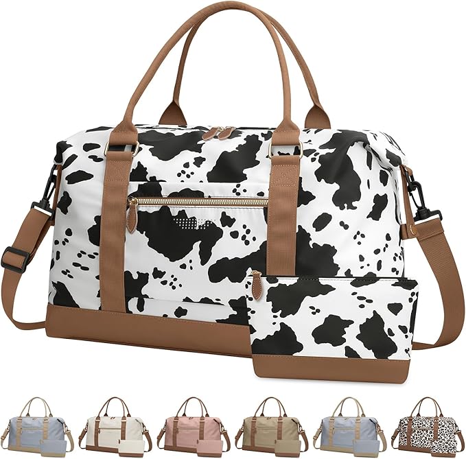 Travel Duffle Bag for Women, Weekender Bags, Hospital Bag for Labor Delivery, Lightweight Tote Duffel Overnight Bag with Luggage Sleeve, Airplane Travel Bags with Toiletry Bag, Large, Cow