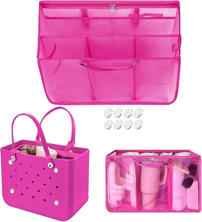 XYFuuee Beach Bag Organizer Inserts for Original Large Bogg Bag Accessories with 8 Removable Metal Fasteners, Lightweight Mesh Insert Divider Pouch, Organizing Rubber Tote, Save Space, Hot Pink XL