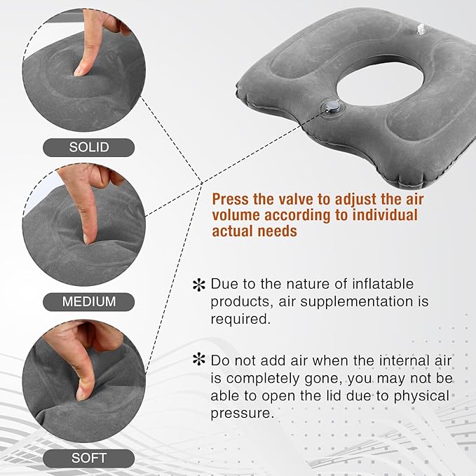 Leinuosen 1 Pcs Inflatable Seat Cushion 18.1'' x 15.7'' x 4.7'' Portable Lift Donut Pillow Height Adjustable Hemorrhoid Pillow for Tailbone Back Pain Bed Sore Home Car Chair Wheelchair Sitting (Grey)