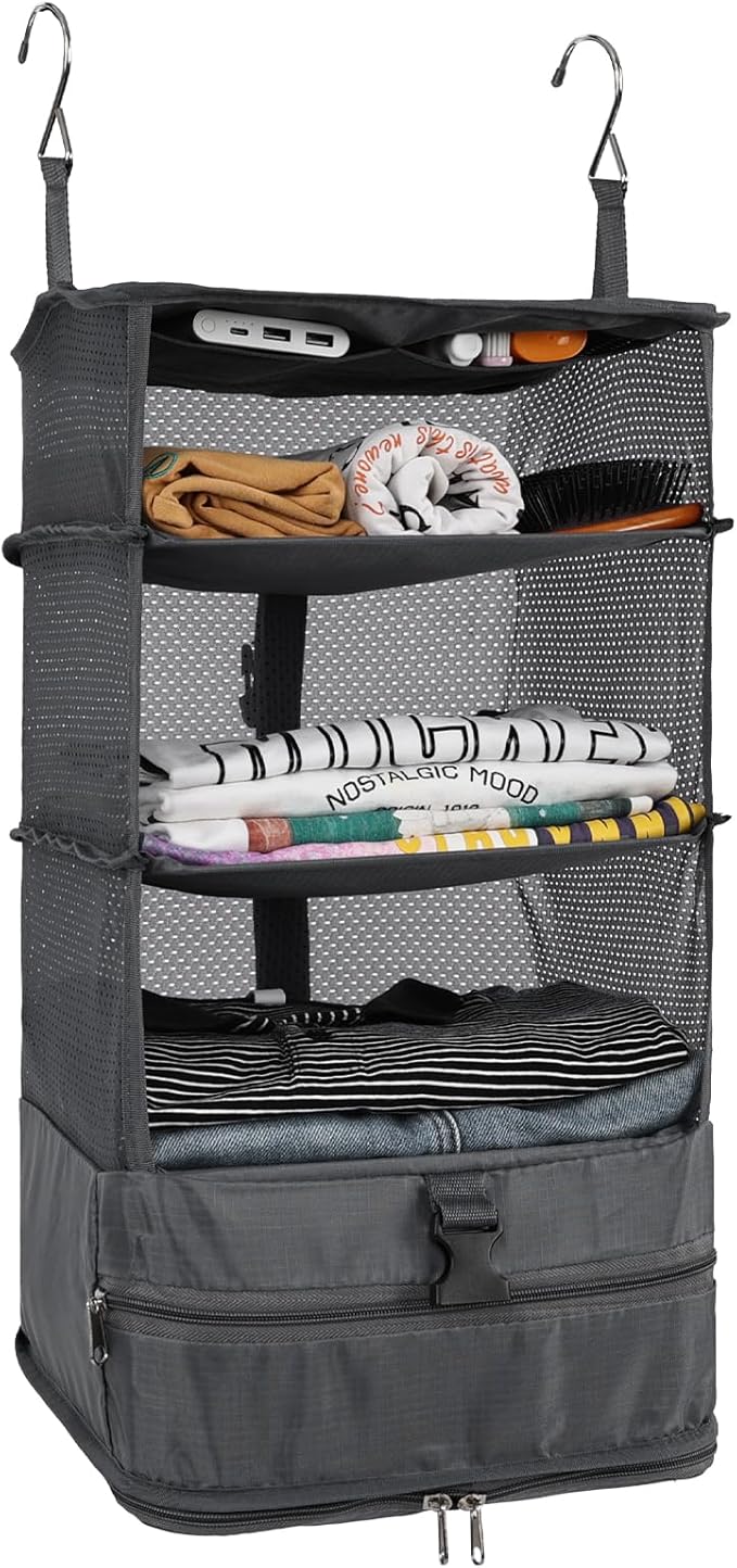 Surblue Hanging Closet Storage Bag Collapsible 3-Shelf Washable Oxford Fabric with 2 Hooks (L 11.41 * 11.41 * 19.68in, Grey)