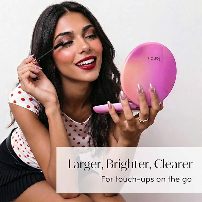 Fancii Taylor LED Lighted Travel Makeup Mirror, Rechargeable, 10x /1x Magnifying, Tru-Glow Lighting System, XL Large 5” Wide | Compact Mirror for Purses (Berry Lemonade)