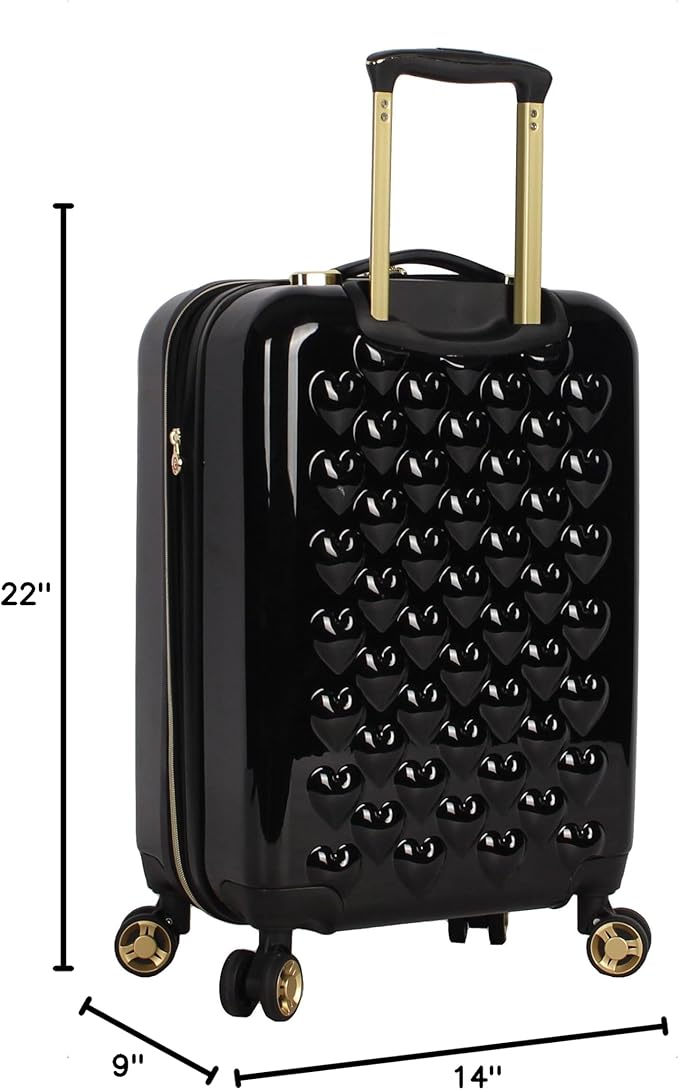 Betsey Johnson Designer 20 Inch Carry On - Expandable (ABS + PC) Hardside Luggage - Lightweight Durable Suitcase With 8-Rolling Spinner Wheels for Women (Heart to Heart Black)