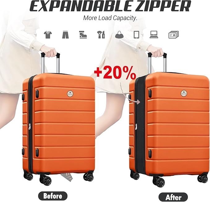 Classic 3-Piece Luggage Set with TSA Lock, Lightweight Suitcase with Spinner Wheels, Hardshell Expandable Carry-On Luggage, 20/24/28 inch, Orange