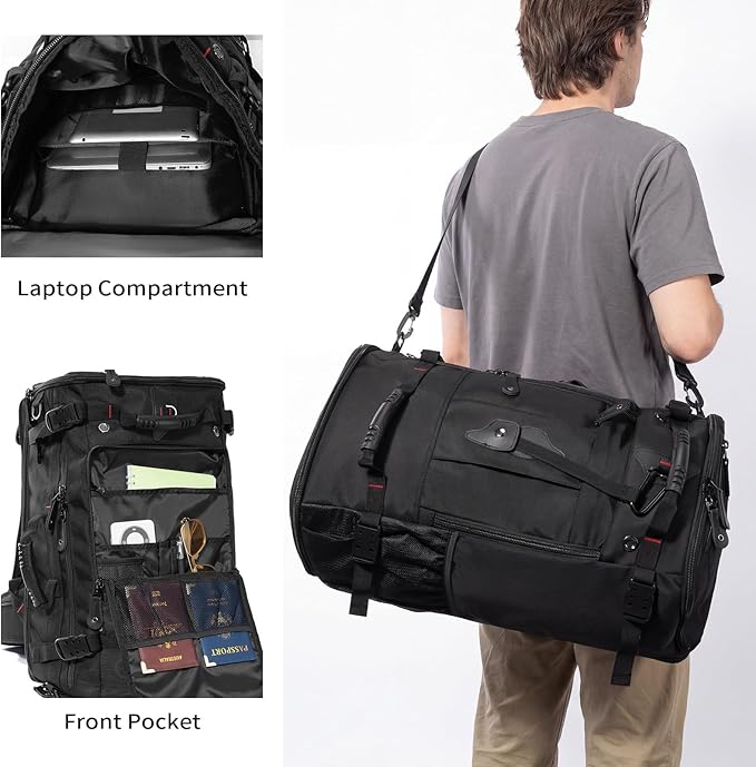 Large Capacity For Travel Hiking Sports Carry On Backpack Durable Convertible Duffle Bag Laptop airplane (Black, 60L-Large DualMainOpening)