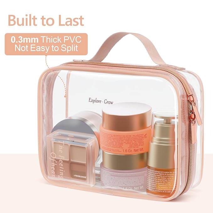 PACKISM Clear Makeup Bag Combo Pack, 1 TSA Approved Medium & Large for Checked Luggage, Clear Toiletry Bag with Handle, Water-resistant Travel Essentials Organizer, Rose Pink
