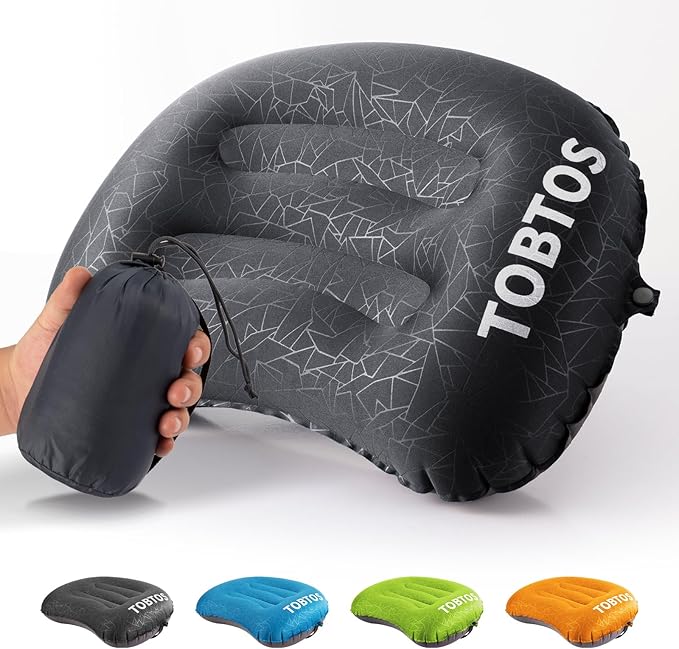 TOBTOS Inflatable Camping Pillow for Camping, Ultralight Backpacking Pillow, Ergonomic Support for Neck & Lumbar, Blow Up Air for Travel, Hiking, Outdoor (Black)
