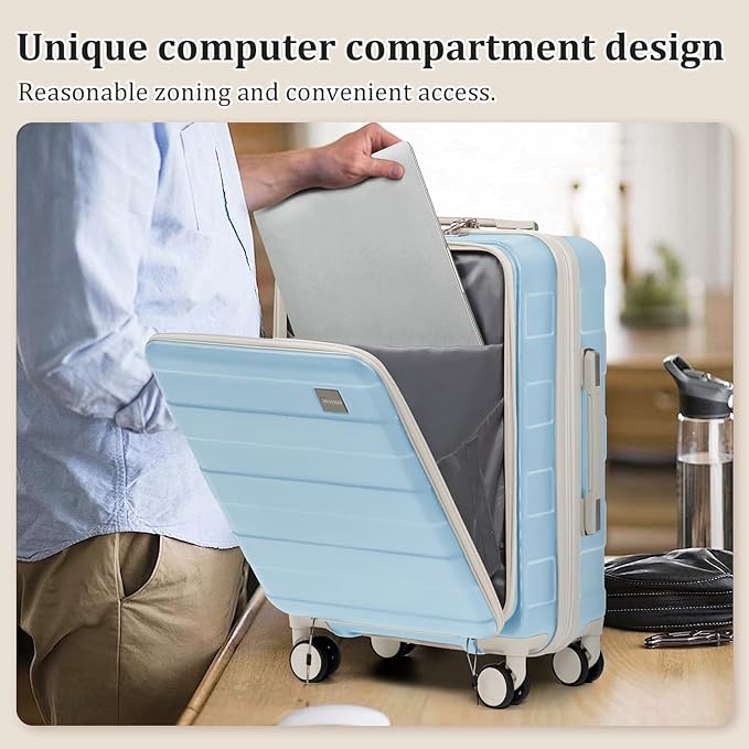 imiomo Carry on Luggage Airline Approved with Front Pocket and USB Port, Hard Shell 20 Inch Travel Carry-on Suitcase with Spinner Wheels and TSA Lock, Lightblue