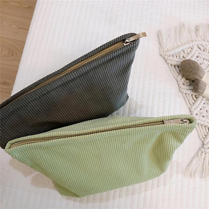 HAPPYHEIDI Fresh Green Corduroy Makeup Bag with Compartment Cosmetic Toiletry Travel Pouch, Make Up Accessory Purse Organizer, Canvas Lined