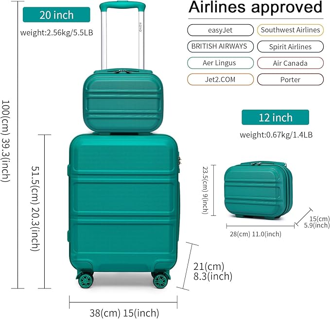 Kono Carry On Luggage Set Airline Approved Lightweight PC+ABS Carry On Suitcase with TSA Lock Spinner Wheels Durable Luggage Hardside Teal