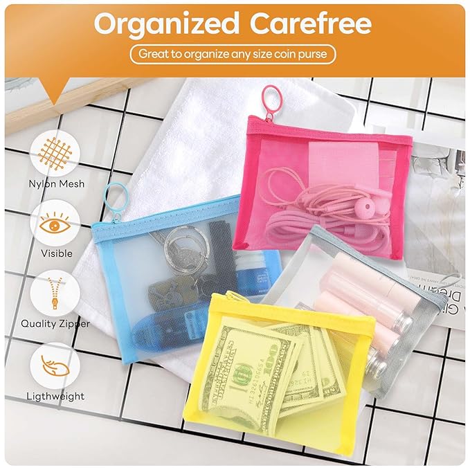 EASYFUN Small Zipper Pouch,5 Pieces Mini Mesh Pouch Coin Purse Cosmetic Case,Small Item Organizer,5 x 4 Inch,Assorted Colors