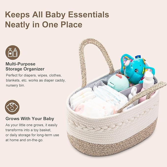 Baby Diaper Caddy Organizer, Portable Nursery Storage Basket with Changeable Compartments, 100% Cotton Woven Rope Baskets, Car & Changing Table Tote, Newborn Gift