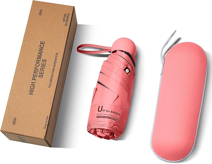 BAODINI Travel Essentials Mini Umbrella for Purse With Case Small Compact UV Sun Protection Lightweight Tiny Pocket Manual Open Close Umbrella for Women Kids and Men Fits Purse Backpack