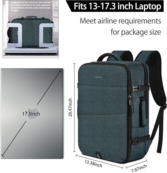 Lubardy Travel Backpack for Men Women 17 Inch Flight Approved Carry on Backpack Waterproof Large 40L Luggage Daypack Business College Weekender Overnight Laptop Backpack with 3 Packing Cubes, Blue
