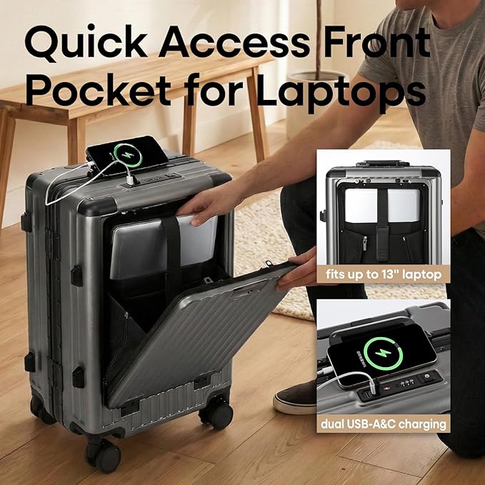 20 Inch Aluminium Frame Carry On Luggage Airline Approved With laptop compartment, Zipperless Hard Shell Travel Suitcase with TSA Approved Cup Holder USB Port Holder for Women Men,Grey
