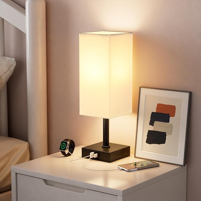 Touch Table Lamp for Bedroom - Dimmable, USB C+A, White Lamphade Black Base | 3-Way Dimmable, 3000K LED Bulb Included, Square Lampshade, Cute Room Decor for Teen Girls, Kids, Small Lamp for Dorm, Nursery
