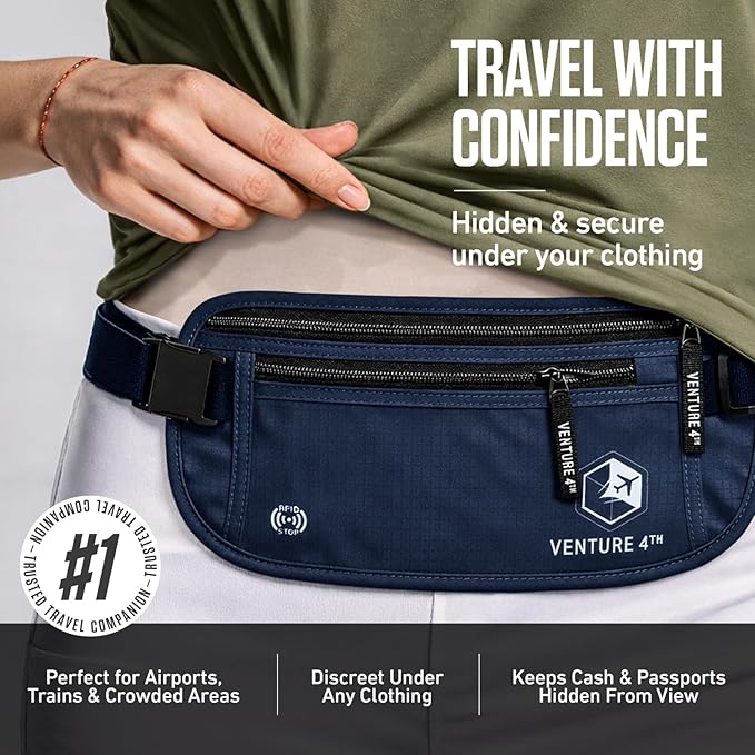 VENTURE 4TH Money Belt for Travel – Hidden Under-Clothes RFID Blocking Passport Holder & Slim Travel Wallet Pouch for Men & Women to Protect Cash, Cards & Documents (Navy Blue)