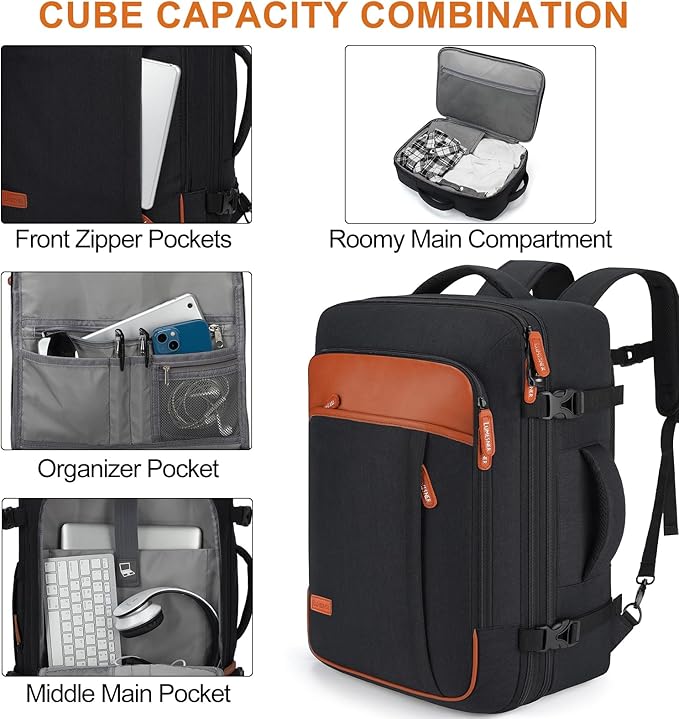 Lumesner Carry on Travel Backpacks, Extra Large 40L Flight Approved Bag for Men & Women,Expandable Suitcase Backpack With 4 Packing Cubes,Water Resistant Luggage Daypack Business Weekender Bag, Black