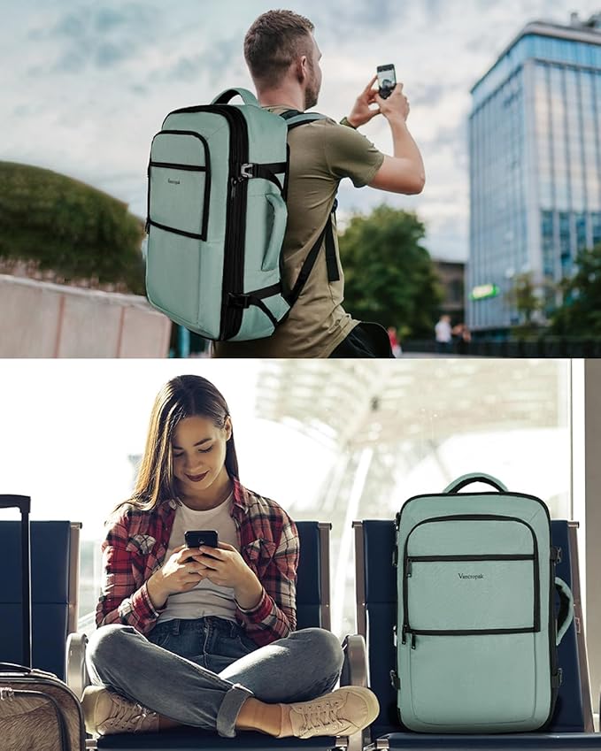 Vancropak Carry On Backpack, 45L Expandable Extra Large Travel Backpack, Flight Approved Water Resistant Luggage Suitcase Daypack, Lightweight College Business Weekender Bag for Men & Women, Cyan