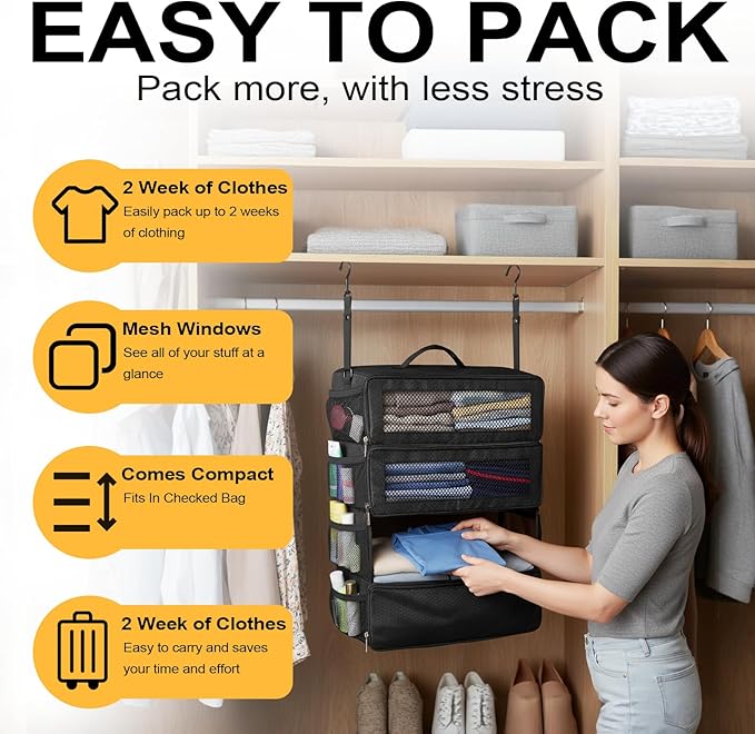 Suitcase Organizer, Travel Luggage Organizer Portable Hanging Travel Shelves Collapsible Hanging Packing Cubes for Carry on Suitcase with 5 Medium Vacuum Storage Bags and Hand Pump,Black