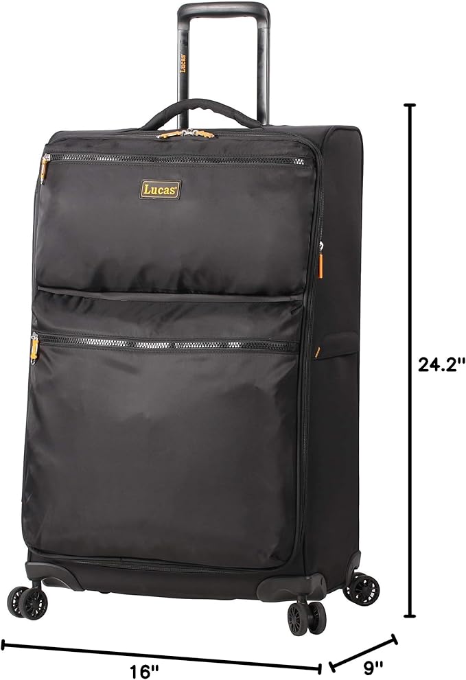 LUCAS Designer Luggage Collection - Expandable 24 Inch Softside Bag - Durable Mid-sized Ultra Lightweight Checked Suitcase with 8-Rolling Spinner Wheels (Black)