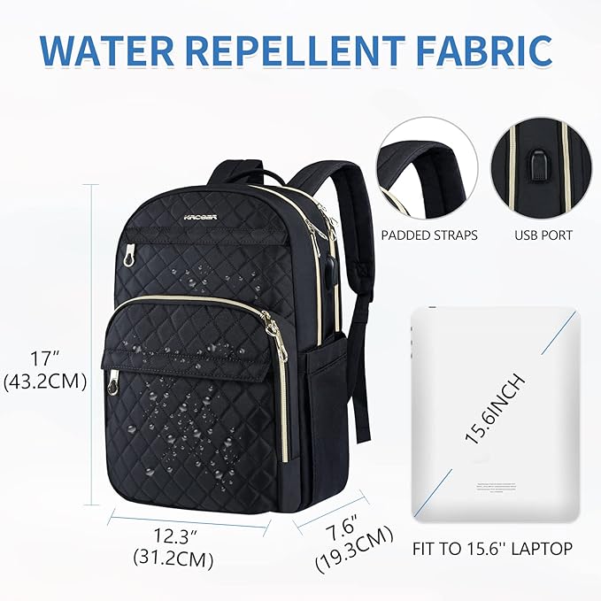 KROSER Laptop Backpack 15.6 Inch Stylish Daypack with USB Charging Port, Water-repellent Nylon Backpack Backpack for Travel/Business/Women/Black
