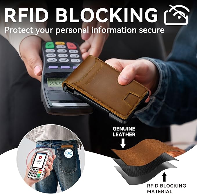 furid Genuine Leather Wallet for Men: Slim RFID Minimalist Wallets with Money Clip - Smart Pop Up Credit Card Holder for Front Pocket - Gifts for Husband Father on Birthday Anniversary